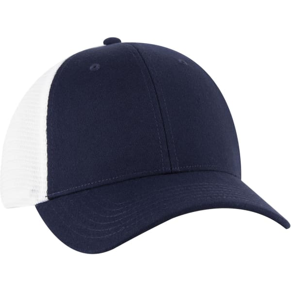 A navy blue trucker cap with a low profile and a white mesh back, featuring a logo on the front.