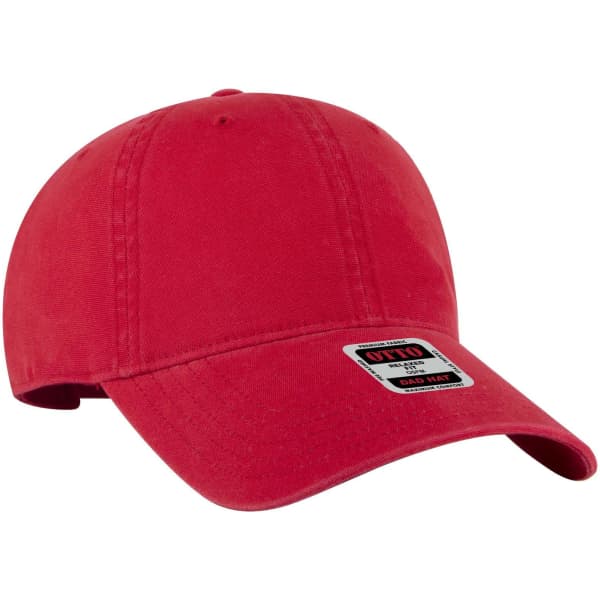 A red 6 panel low profile style dad cap with a logo on the front.