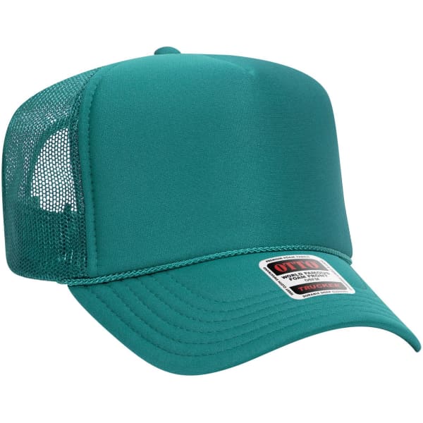 A teal 5 Panel High Crown Trucker Cap with a mesh back and a logo tag on the front.