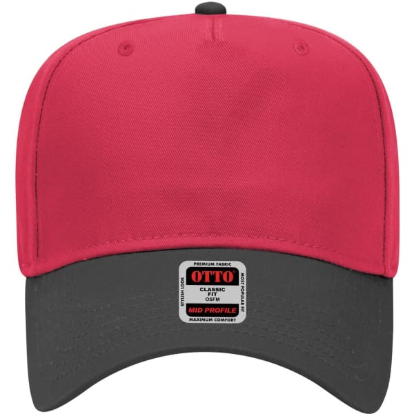A red and black 5 panel mid crown baseball cap with a logo on the front panel.