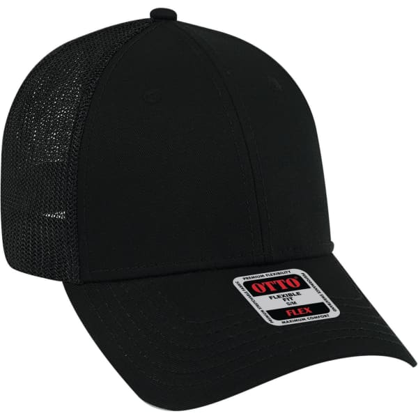 A black 6 panel low profile trucker cap with mesh sides and a branded label on the front.