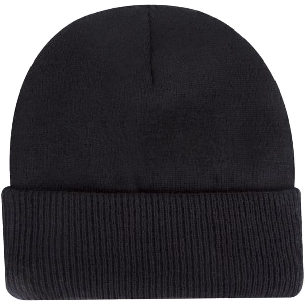 A black knit beanie with a folded cuff and a smooth upper section, featuring a logo.