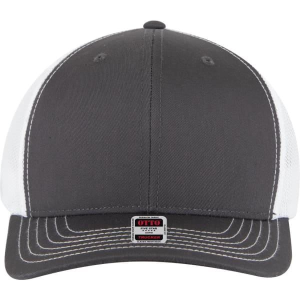A grey and white 6 panel mid profile trucker cap featuring a logo on the front and contrast stitching.