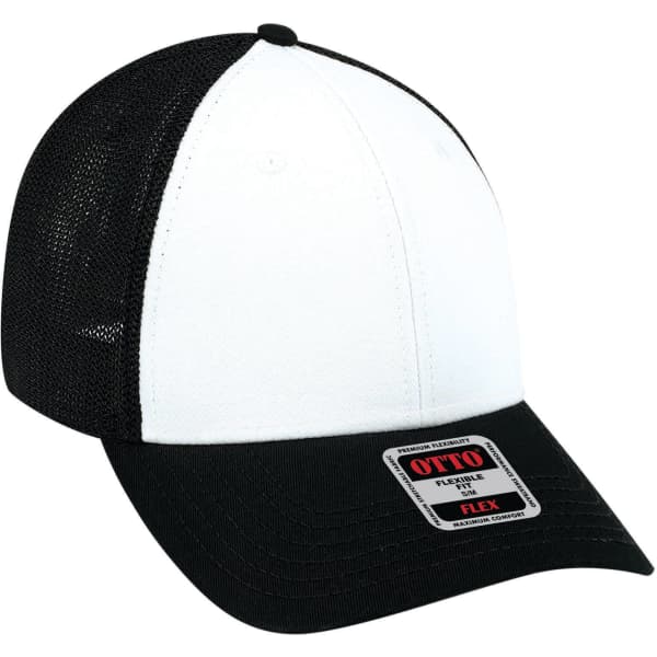 A black and white 6 panel low profile trucker cap with a mesh back and a logo on the front.