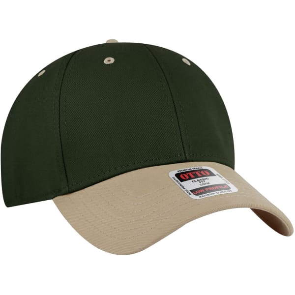 A dark green 6-panel low-profile baseball cap with a beige peak and a logo on the front.