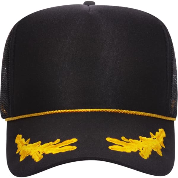 A black 5 panel high crown trucker cap with yellow decorative stitching and a mesh back. Features a logo on the front.