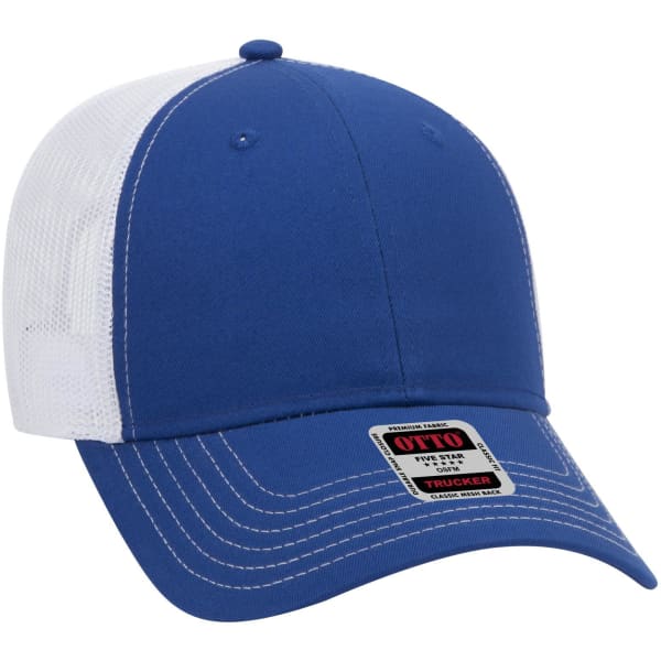A blue and white six-panel low-profile trucker cap featuring a logo on the front.
