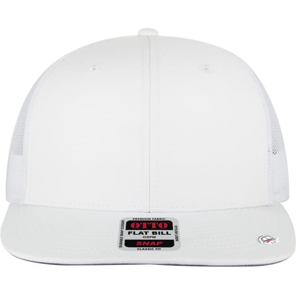 A white 6 panel mid profile trucker cap with a flat bill, featuring mesh sides and a branded label.