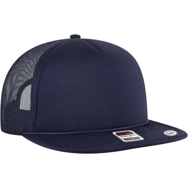 A navy blue 5 Panel Style Trucker Cap with a mesh back and a logo on the side.