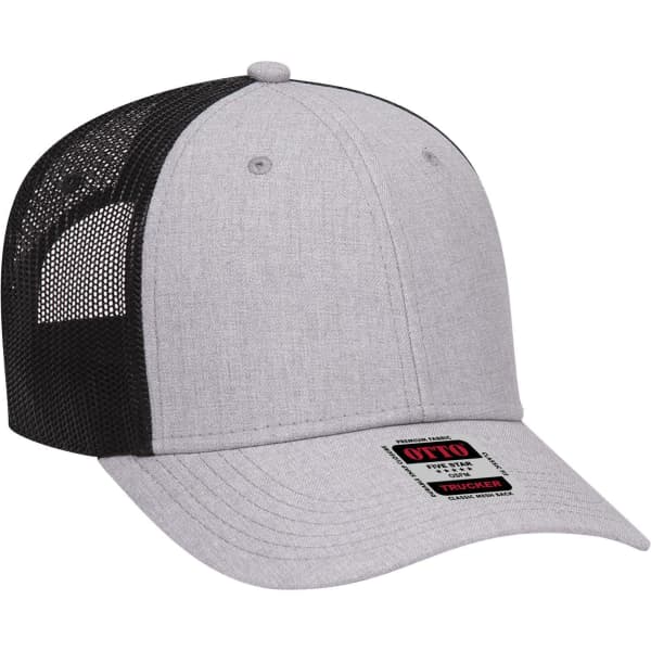 A grey and black trucker cap featuring a mesh back and a branded label on the front.