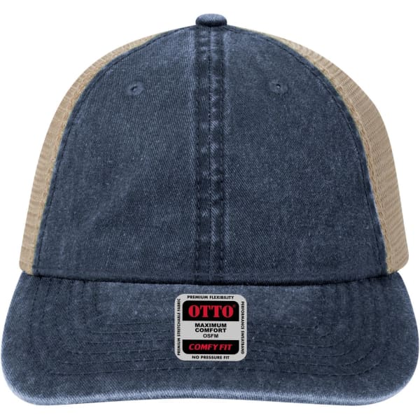 A denim blue trucker cap with a beige mesh back and a logo label on the front.