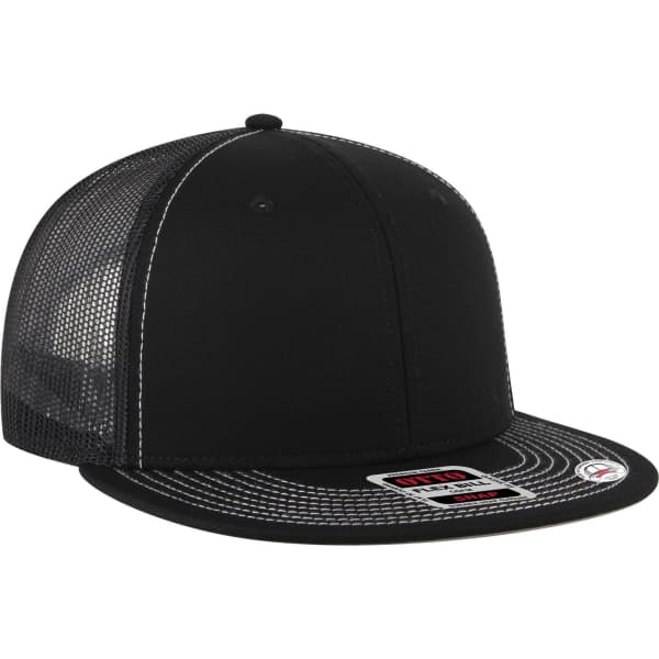 A black 6-panel mid-profile trucker cap featuring mesh panels and a flat brim, with a logo on the front.