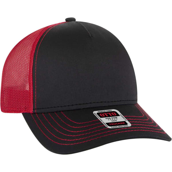 A black and red 5 Panel Low Profile Trucker Cap with mesh detailing and an adjustable strap, featuring a logo.