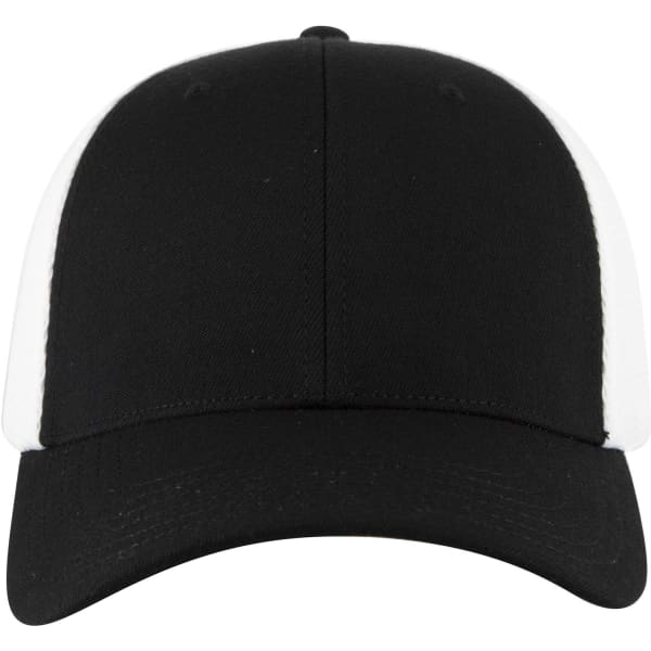A black and white low profile trucker cap with a curved brim and a logo on the front panel.