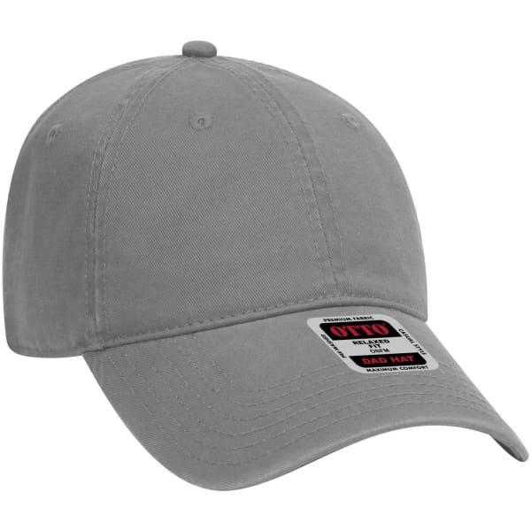 A grey low profile dad cap featuring a curved brim and an adjustable strap at the back, with a logo on the side.