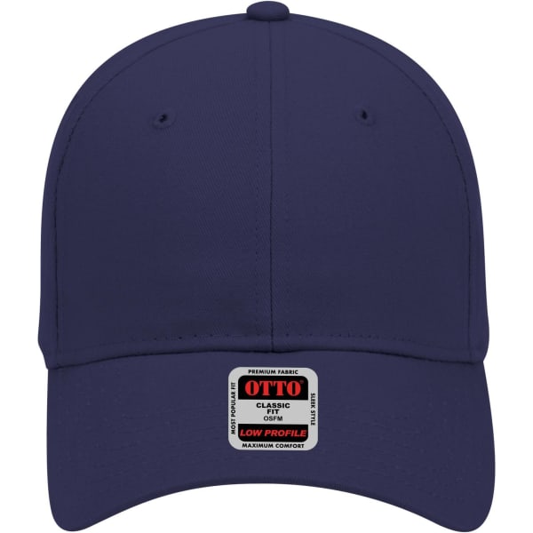 A navy blue 6 panel low profile baseball cap featuring a logo label on the front.