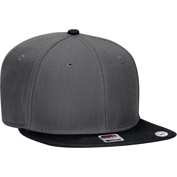 A grey mid-profile snapback cap with a black visor and a small logo on the side.
