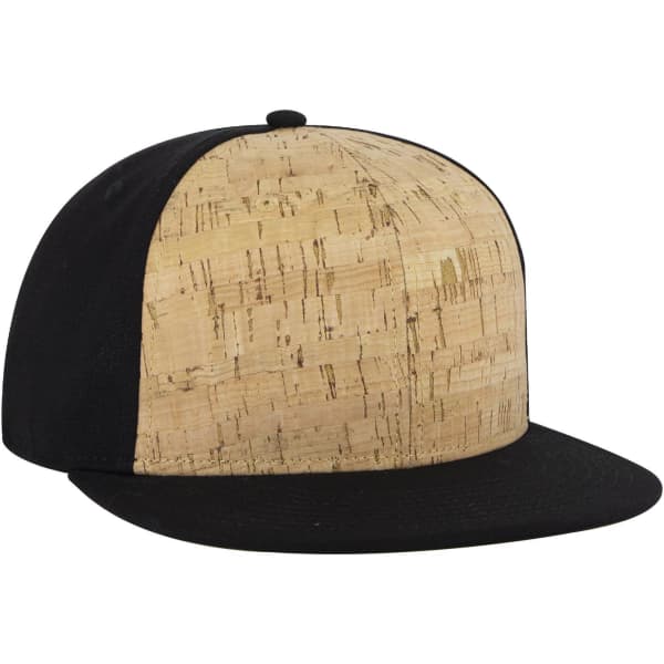 A mid-profile snapback cap featuring a cork front and black sides and brim. It includes a logo on the front.