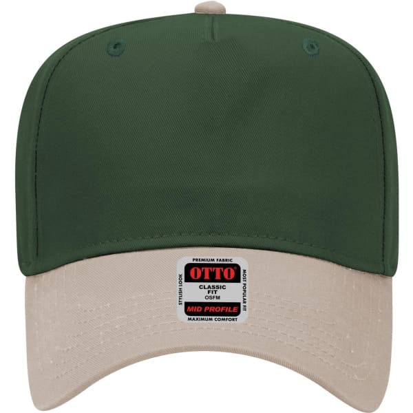 A green 5 panel mid crown baseball cap with a beige brim, featuring a logo on the front.