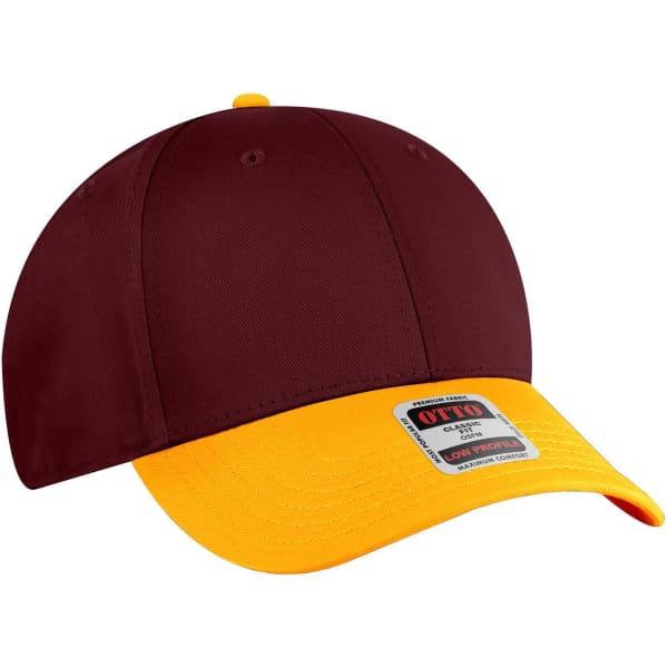 A maroon and yellow low-profile baseball cap with a logo on the front.