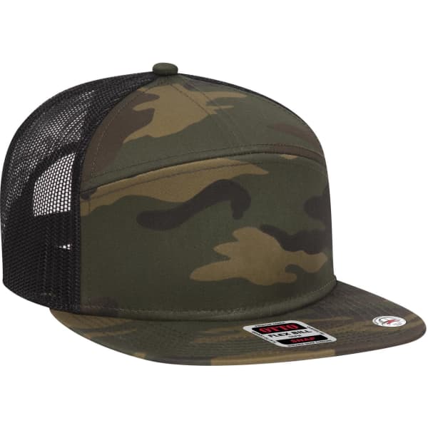 A camouflage 7 Panel Trucker Cap featuring a black mesh back and a flat brim. Includes a logo.