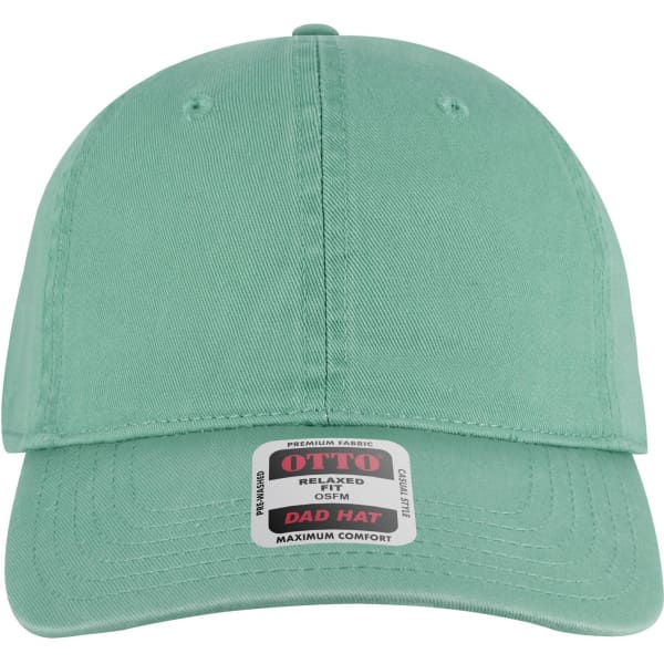 A mint green 6 panel low profile dad cap with a logo on the front.