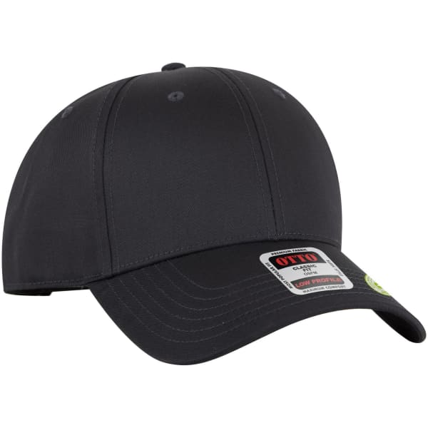 A black 6-panel low profile style baseball cap with a logo and a curved brim.