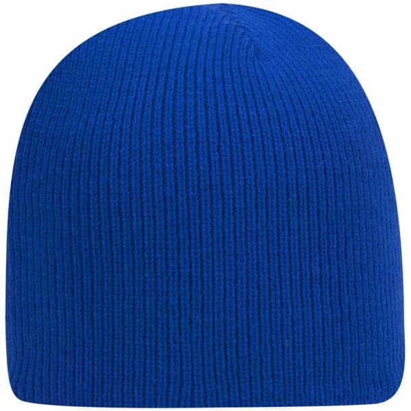 A blue classic knit beanie with a ribbed texture and a curved top, featuring a logo on the side.