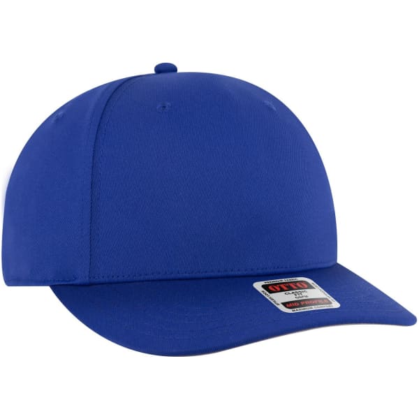 A blue seamless six-panel mid-profile baseball cap with a logo on the front.