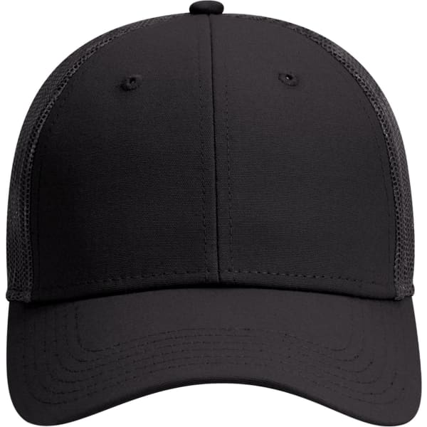 A black 6 panel low profile trucker cap with mesh sides and a solid front, featuring a logo on the front.