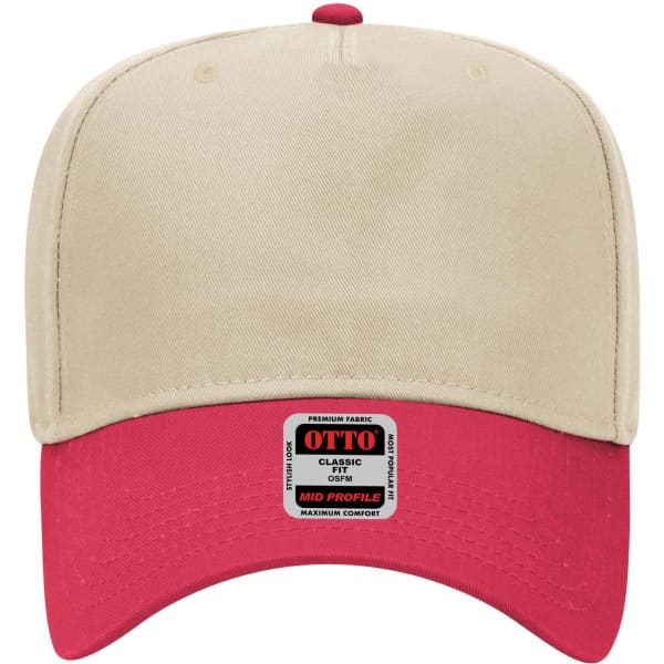 A beige and red 5-panel mid crown baseball cap with a logo on the front.