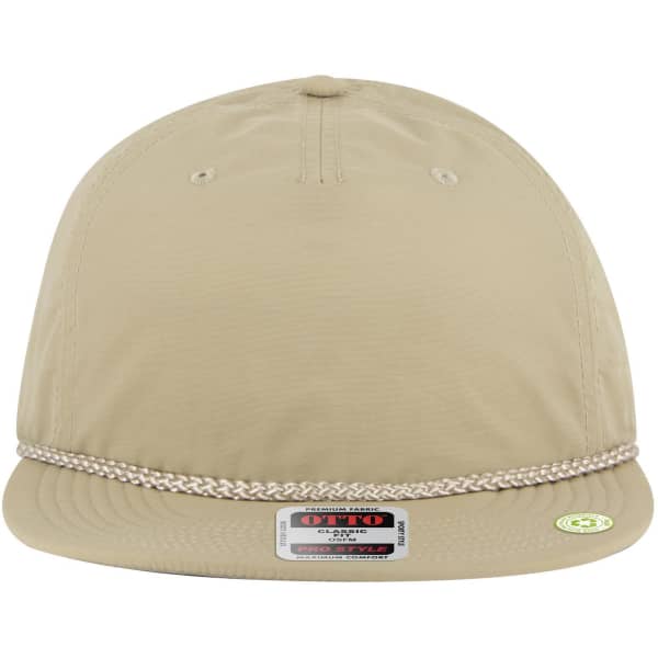 A beige 5 Panel Pro Style Baseball Cap with a braided trim and a logo on the front.