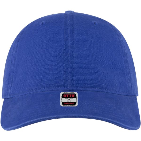 A blue six-panel low profile dad cap featuring a logo on the front.