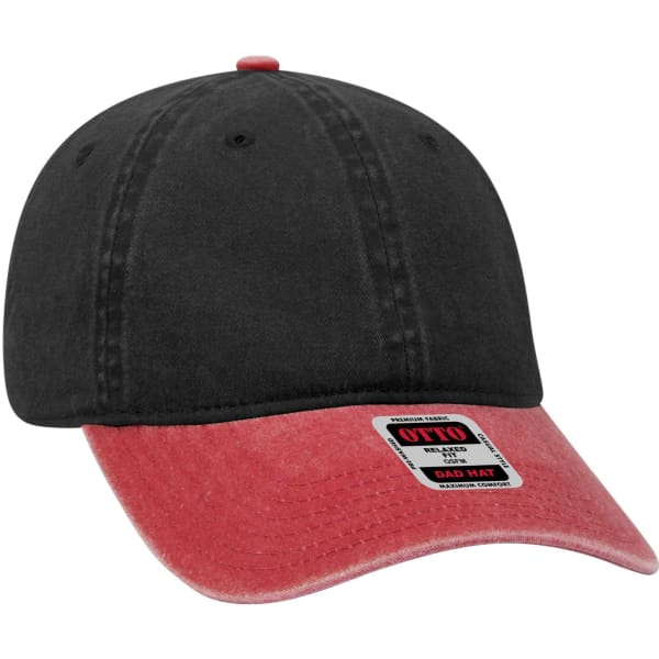 A black and red 6 panel low profile dad cap featuring a logo on the front.