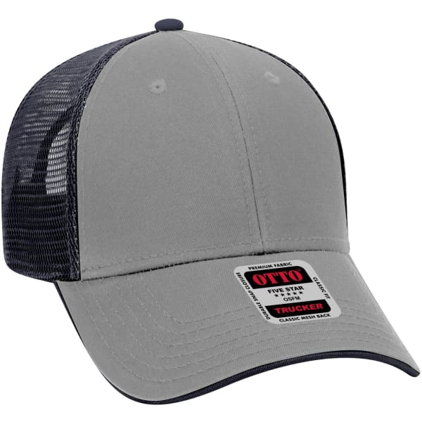 A grey low profile trucker cap with a mesh back and a branding label on the front.
