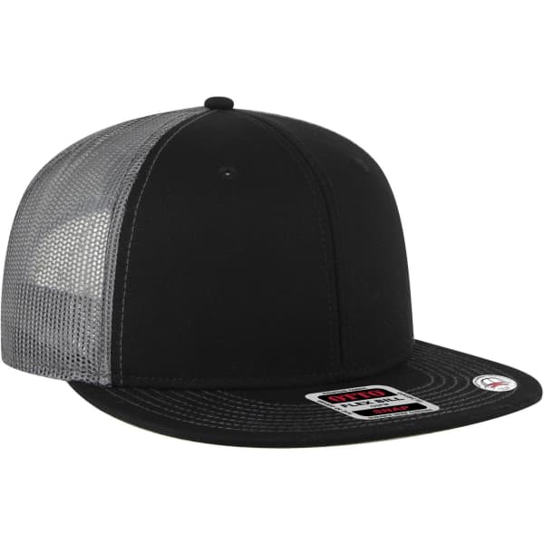 A black and grey 6 panel mid profile trucker cap with a mesh back and a logo on the front.