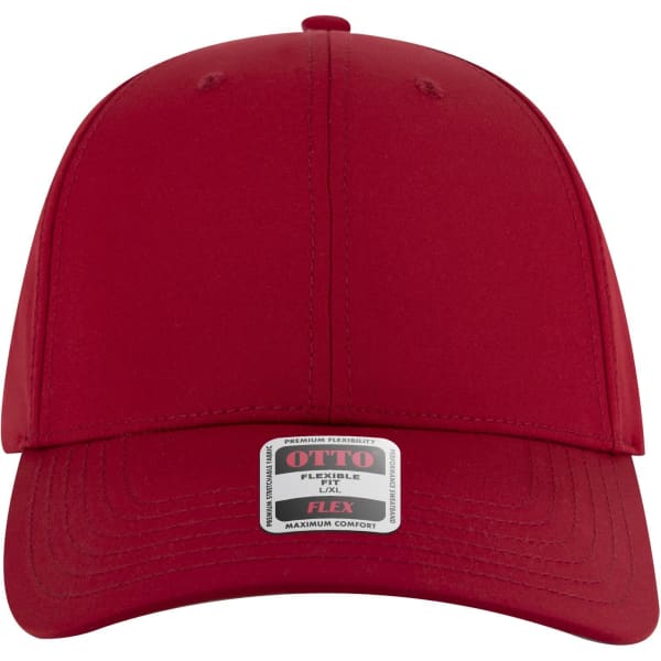 A red 6-panel low profile style baseball cap with a flexible fit and a logo on the front.