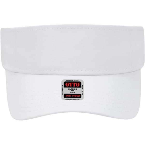 A white sun visor with a wide brim, featuring a logo on the band.
