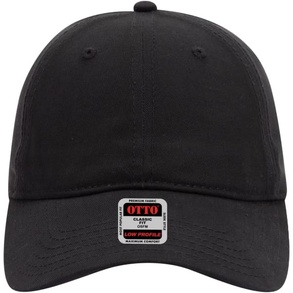 A black low profile baseball cap with a front panel and a logo on the label.