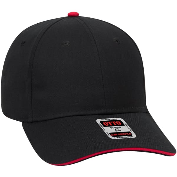 A black low profile baseball cap with red accents and a logo. Features a six-panel design.