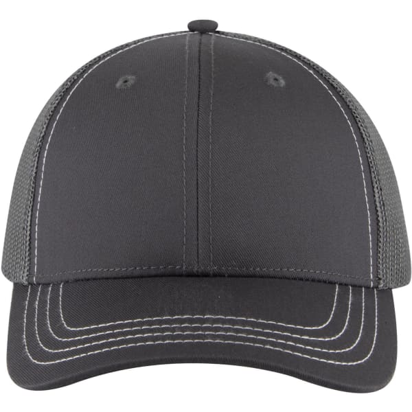A 6-panel low profile trucker cap in grey with contrasting stitching, featuring a mesh back and a logo.