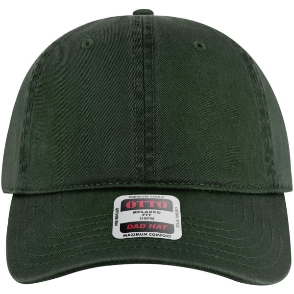 A green six-panel low profile dad cap with a logo on the front and a relaxed fit design.
