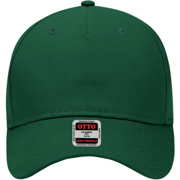 A green 5 panel low profile baseball cap featuring a logo on a label at the front.