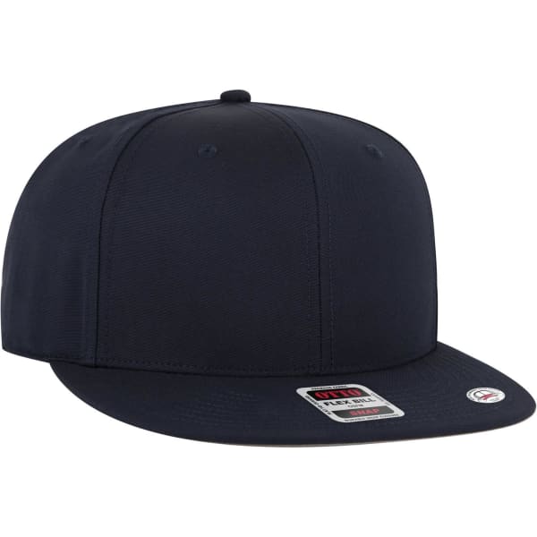 A 6-panel mid profile snapback cap featuring a flat visor in navy, with a logo on the side.