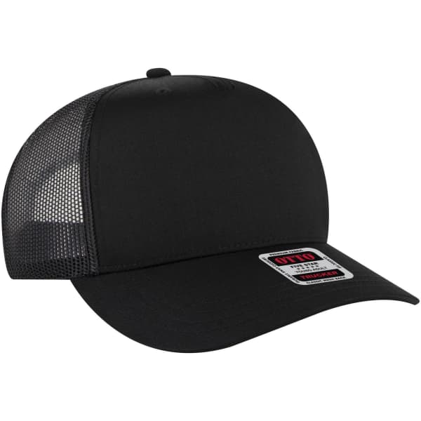 A black 5 panel mid-profile trucker cap with a mesh back and logo.