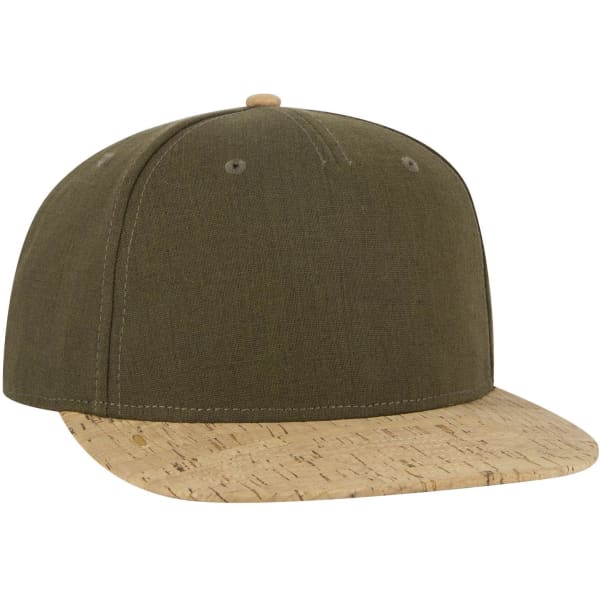 A five-panel snapback cap in olive green with a cork leather brim. Features a logo on the front.