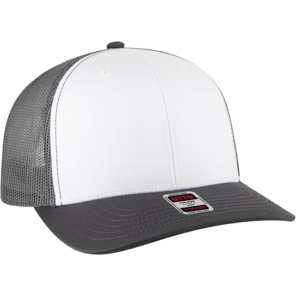 A mid-profile trucker cap featuring a grey peak and mesh in the back, with a white front panel and a logo.