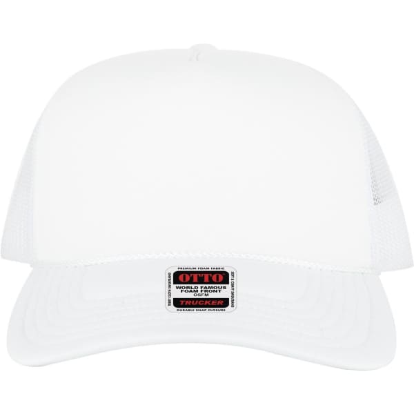 A white 5 Panel High Crown Trucker Cap with a mesh back and a logo on the front label.