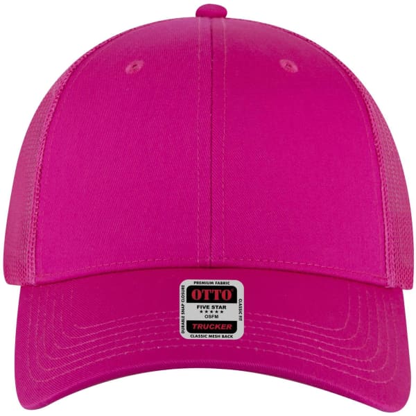 A pink 6-panel low profile trucker cap with mesh back and a logo on the front.