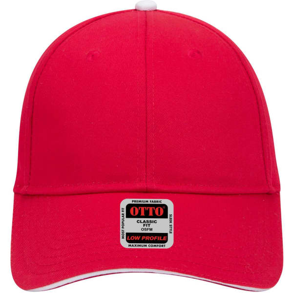 A red 6-panel low profile baseball cap featuring a curved brim and a label on the front.